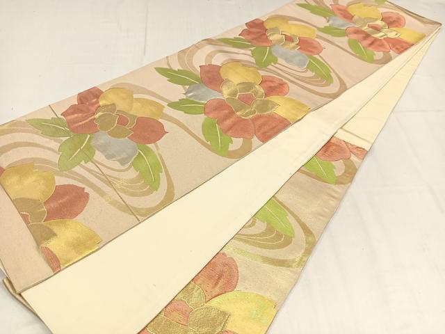 平和屋着物◎六通柄袋帯　流水花文　金糸　正絹　逸品　AABM2780bw