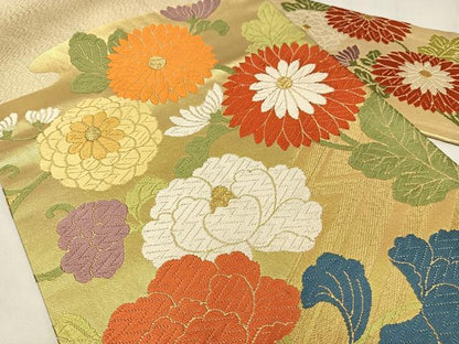 平和屋着物◎九寸名古屋帯　唐織　草花文　金糸　正絹　逸品　AABM2783bw