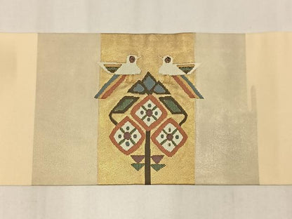 平和屋着物◎九寸名古屋帯　花鳥文　金銀糸　正絹　逸品　AABM2786bw