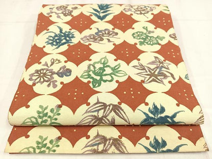 平和屋着物◎八寸名古屋帯　草花文　綿　逸品　AABM2788bw