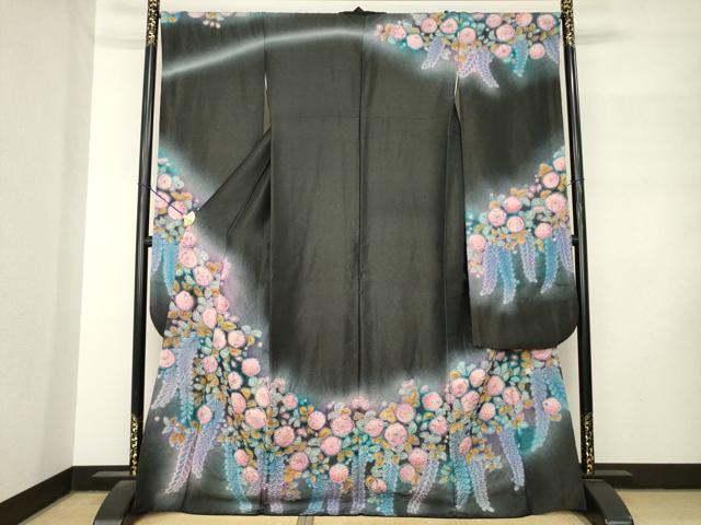 平和屋着物●豪華振袖　作家物　辻が花　絞り　舞花文　暈し染め　黒地　銀通し地　正絹　逸品　AABM2967ck