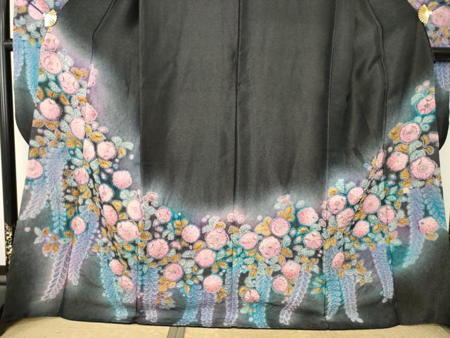 平和屋着物●豪華振袖　作家物　辻が花　絞り　舞花文　暈し染め　黒地　銀通し地　正絹　逸品　AABM2967ck