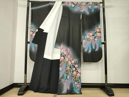 平和屋着物●豪華振袖　作家物　辻が花　絞り　舞花文　暈し染め　黒地　銀通し地　正絹　逸品　AABM2967ck