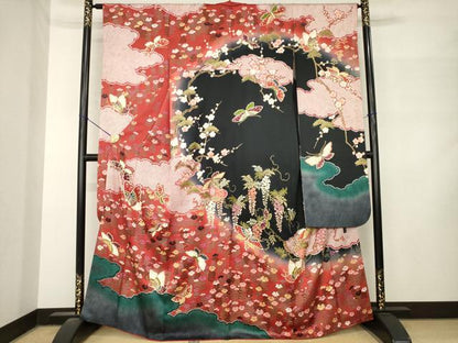 平和屋着物●森英恵・HANAE MORI　振袖　花蝶文　暈し染め　正絹　逸品　AABM2969ck