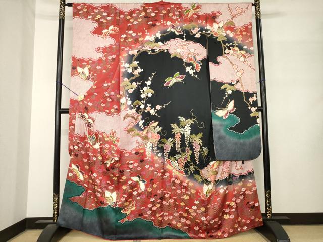 平和屋着物●森英恵・HANAE MORI　振袖　花蝶文　暈し染め　正絹　逸品　AABM2969ck