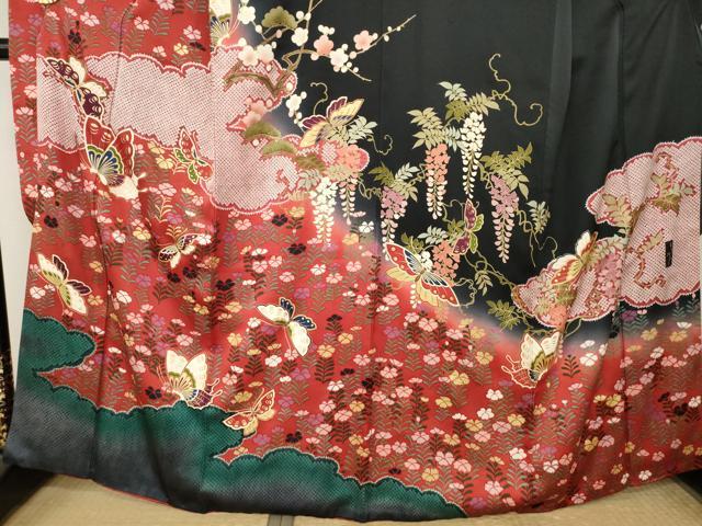 平和屋着物●森英恵・HANAE MORI　振袖　花蝶文　暈し染め　正絹　逸品　AABM2969ck
