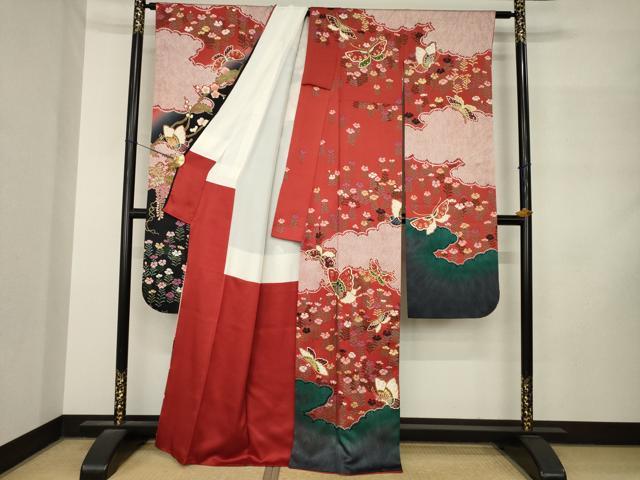 平和屋着物●森英恵・HANAE MORI　振袖　花蝶文　暈し染め　正絹　逸品　AABM2969ck