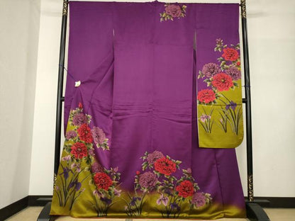 平和屋着物●豪華振袖　草花文　暈し染め　ロング丈　正絹　逸品　AABM2972ck