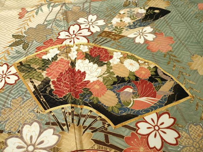 平和屋着物●豪華振袖　駒刺繍　扇面鴛鴦花文　暈し染め　金糸　正絹　逸品　AABM3010ck