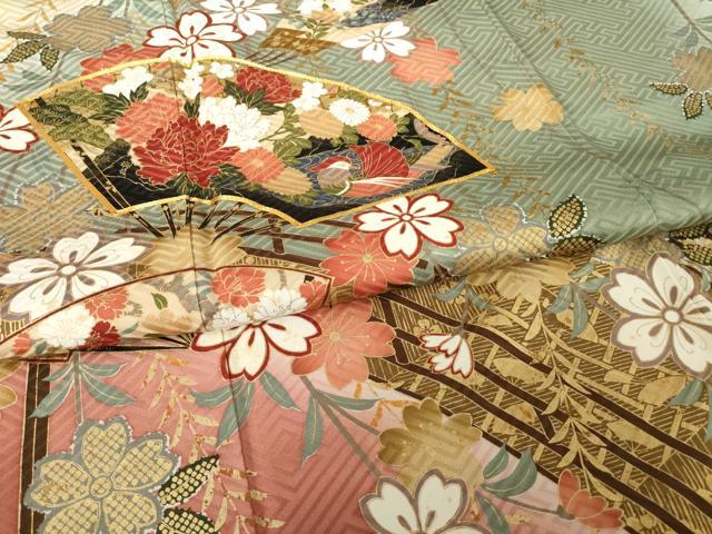 平和屋着物●豪華振袖　駒刺繍　扇面鴛鴦花文　暈し染め　金糸　正絹　逸品　AABM3010ck