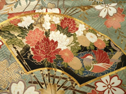平和屋着物●豪華振袖　駒刺繍　扇面鴛鴦花文　暈し染め　金糸　正絹　逸品　AABM3010ck