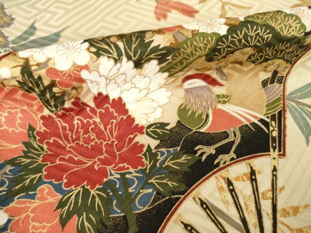 平和屋着物●豪華振袖　駒刺繍　扇面鴛鴦花文　暈し染め　金糸　正絹　逸品　AABM3010ck