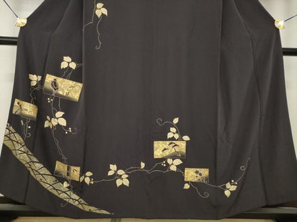 平和屋着物●訪問着　刺繍　鷺　草花文　金彩　正絹　逸品　AABM3011ck