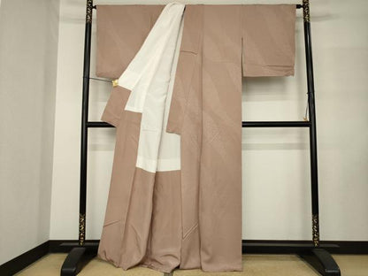 平和屋着物●上質な色無地　霞吉祥地紋　赤白橡色　正絹　逸品　AABM3015ck