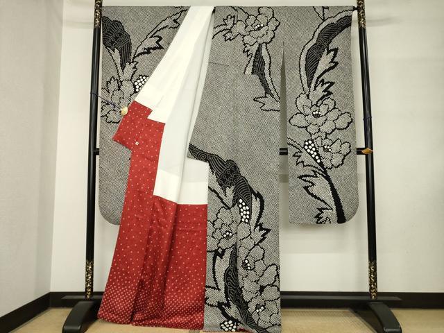 平和屋着物●豪華振袖　総絞り　草花文　黒地　正絹　逸品　AABM3043ck
