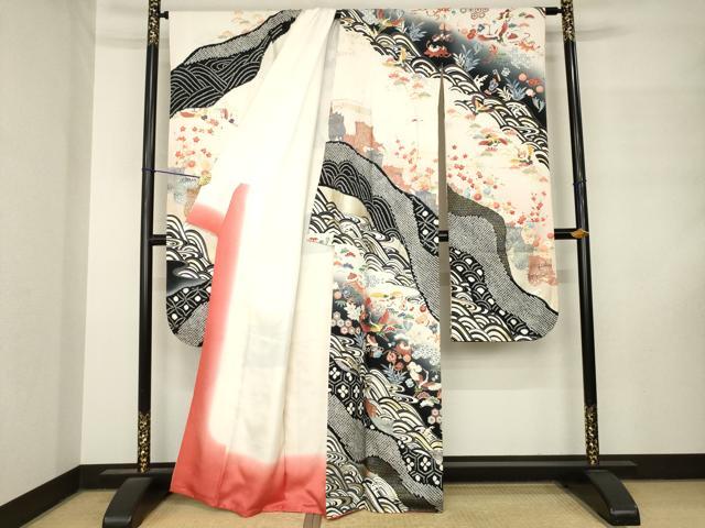 平和屋着物●豪華振袖　総絞り　飛鶴宝尽くし　暈し染め　正絹　逸品　AABM3047ck