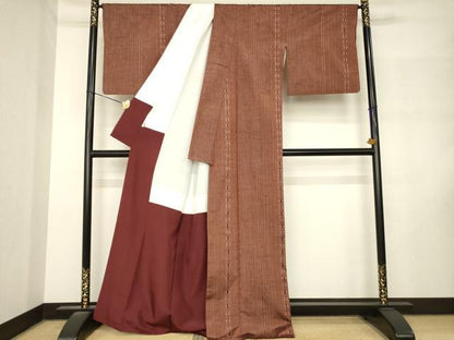 平和屋着物●花織　あやべ縞つむぎ　紬　間道　証紙付き　正絹　逸品　AABM3061ck