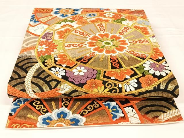 平和屋着物◎六通柄袋帯　唐織　源氏車花文　金糸　正絹　逸品　AABM3088dk