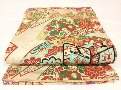 平和屋着物◎アンティーク　大正ロマン　丸帯　地紙飛鶴花文　金糸　正絹　逸品　AABM3092dk