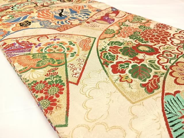 平和屋着物◎アンティーク　大正ロマン　丸帯　地紙飛鶴花文　金糸　正絹　逸品　AABM3092dk
