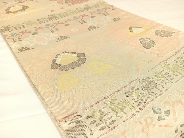 平和屋着物◎六通柄袋帯　於利部　横段花文　銀糸　正絹　逸品　AABM3093dk