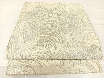 平和屋着物◎六通柄袋帯　唐織　孔雀羽文　銀糸　正絹　逸品　AABM3096dk