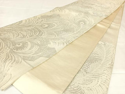 平和屋着物◎六通柄袋帯　唐織　孔雀羽文　銀糸　正絹　逸品　AABM3096dk