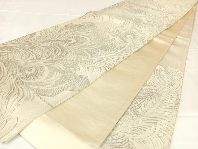平和屋着物◎六通柄袋帯　唐織　孔雀羽文　銀糸　正絹　逸品　AABM3096dk