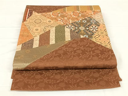 平和屋着物◎西陣　太鼓柄袋帯　切り嵌め草花文　正絹　逸品　AABM3106dk