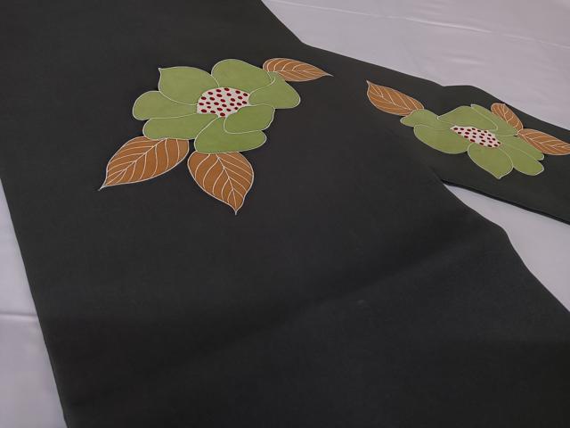 平和屋着物◎塩瀬　九寸名古屋帯　草花文　黒地　正絹　逸品　AABM3107dk