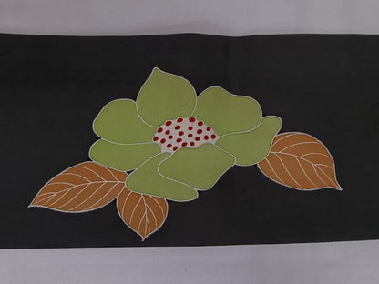 平和屋着物◎塩瀬　九寸名古屋帯　草花文　黒地　正絹　逸品　AABM3107dk