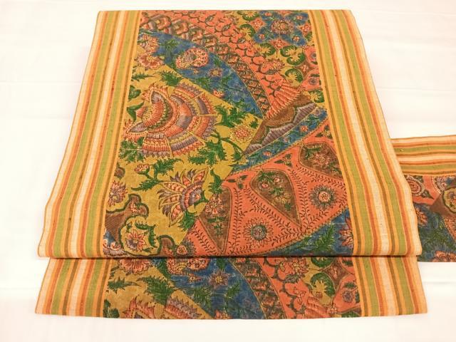 平和屋着物◎九寸名古屋帯　紬地　更紗花文　正絹　逸品　AABM3113dk