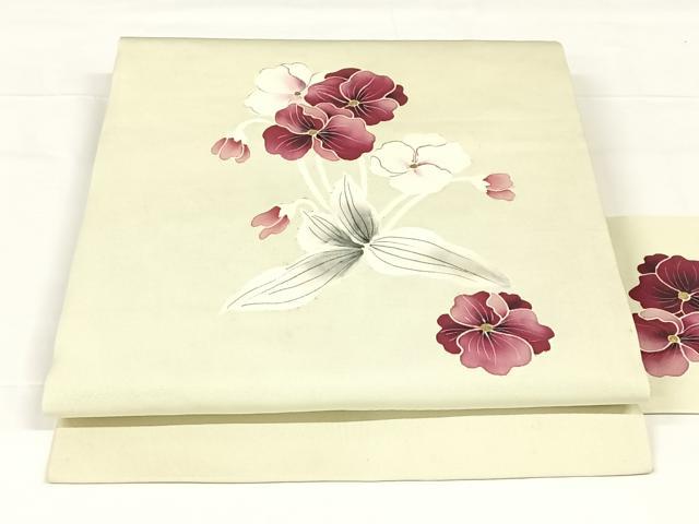 平和屋着物◎塩瀬　九寸名古屋帯　手描き　草花文　金彩　正絹　逸品　AABM3116dk