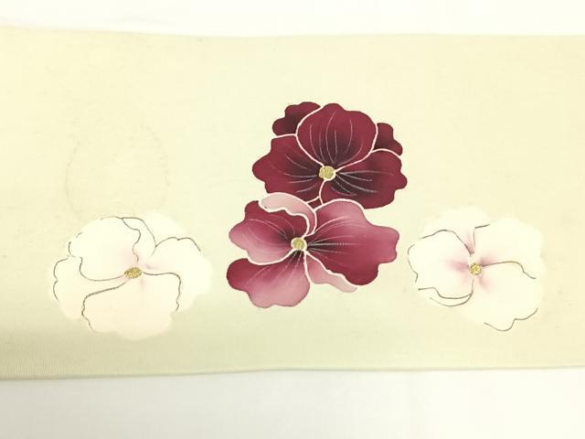 平和屋着物◎塩瀬　九寸名古屋帯　手描き　草花文　金彩　正絹　逸品　AABM3116dk