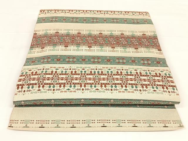 平和屋着物◎八寸名古屋帯　横段文　銀糸　正絹　逸品　AABM3117dk