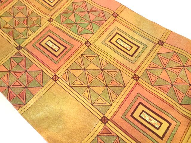 平和屋着物◎六通柄袋帯　刺繍　幾何学文様　正絹　逸品　AABM3124od