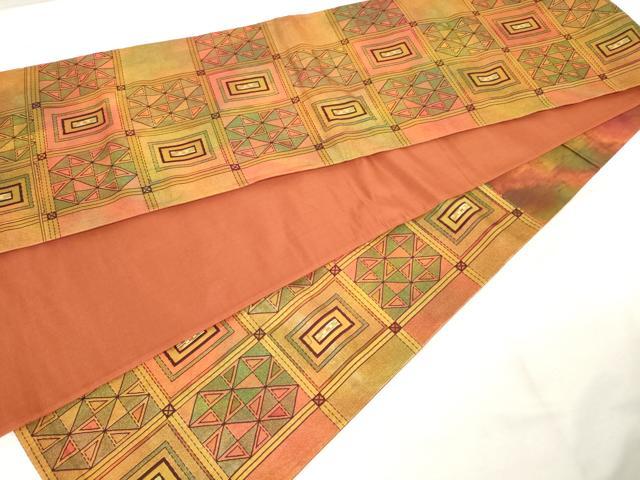 平和屋着物◎六通柄袋帯　刺繍　幾何学文様　正絹　逸品　AABM3124od