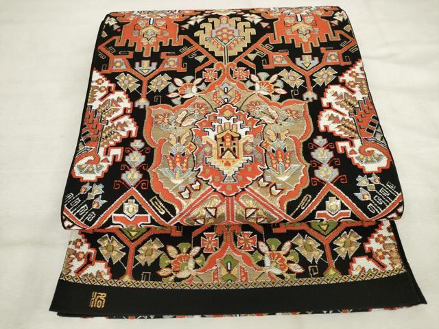 平和屋着物◎六通柄　本袋帯　唐織　飾花文　黒地　金銀糸　正絹　逸品　AABM3125od
