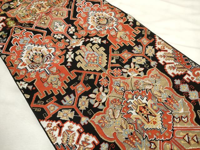平和屋着物◎六通柄　本袋帯　唐織　飾花文　黒地　金銀糸　正絹　逸品　AABM3125od