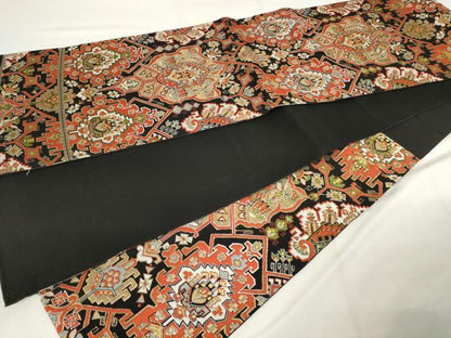 平和屋着物◎六通柄　本袋帯　唐織　飾花文　黒地　金銀糸　正絹　逸品　AABM3125od
