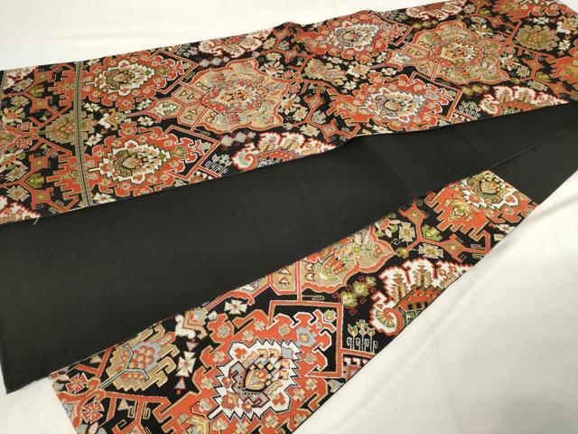 平和屋着物◎六通柄　本袋帯　唐織　飾花文　黒地　金銀糸　正絹　逸品　AABM3125od
