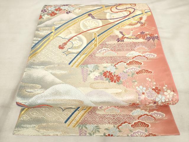 平和屋着物◎六通柄袋帯　唐織　渡橋飛鶴吉祥文　金銀糸　正絹　逸品　AABM3129od