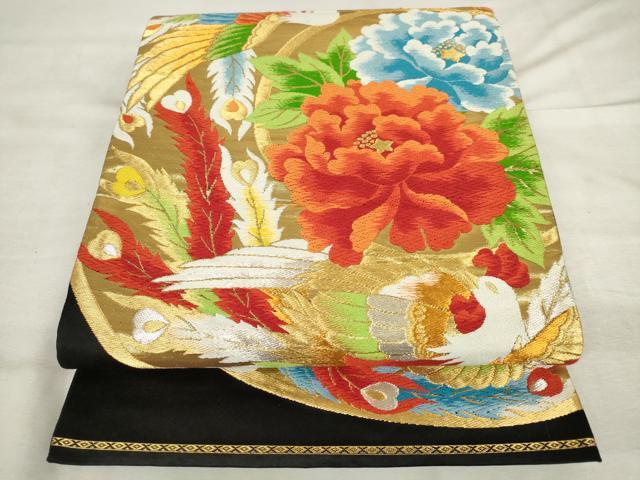 平和屋着物◎六通柄袋帯　唐織　鳳凰花文　黒地　金糸　正絹　逸品　AABM3134od
