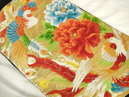 平和屋着物◎六通柄袋帯　唐織　鳳凰花文　黒地　金糸　正絹　逸品　AABM3134od