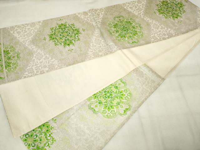 平和屋着物◎六通柄袋帯　唐織　飾花文　銀糸　正絹　逸品　AABM3137od