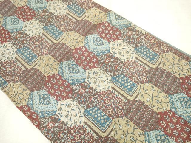 平和屋着物◎六通柄袋帯　紬地　亀甲花文　正絹　逸品　AABM3139od