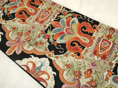 平和屋着物◎六通柄　本袋帯　唐織　更紗花文　黒地　金銀糸　正絹　逸品　AABM3142od