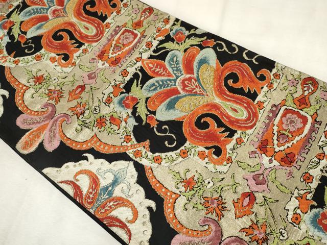 平和屋着物◎六通柄　本袋帯　唐織　更紗花文　黒地　金銀糸　正絹　逸品　AABM3142od