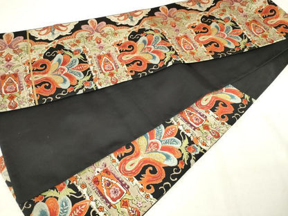 平和屋着物◎六通柄　本袋帯　唐織　更紗花文　黒地　金銀糸　正絹　逸品　AABM3142od