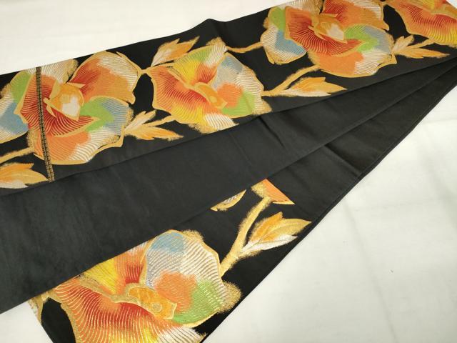 平和屋着物◎六通柄袋帯　唐織　草花文　黒地　金銀糸　正絹　逸品　AABM3144od